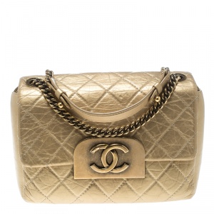 Pre Owned Chanel Gold Quilted Leather CC Square Flap Bag