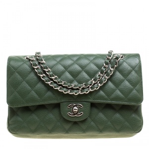 مملوكة مسبقًا Chanel Green Quilted Caviar Leather Medium Classic Double Flap Bag