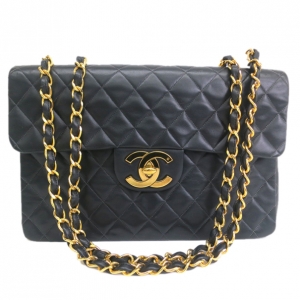 Pre Owned Chanel Black Calf Leather Jumbo Shoulder Flap Bag