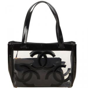 Pre Owned Chanel Black Clear Vinyl Triple CC Tote