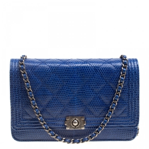 Chanel Blue Lizard Leather Boy Wallet On Chain 