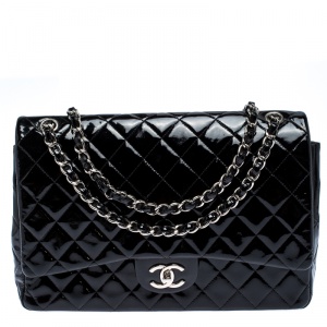 Pre Owned Chanel Black Quilted Patent Leather Maxi Classic Double Flap Bag