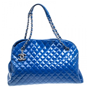 Pre Owned Chanel Blue Quilted Patent Leather Large Just Mademoiselle Bowling Bag