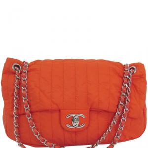 Pre Owned Chanel Orange Quilted Nylon Flap Bag