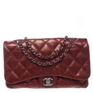 Pre Owned Chanel Metallic Maroon Leather Classic Flap Shoulder Bag