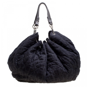 Pre Owned Chanel Dark Blue Quilted Denim Drawstring Bucket Bag