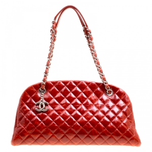 Pre Owned Chanel Red Quilted Glazed Crackled Leather Medium Just Mademoiselle Bowling Bag