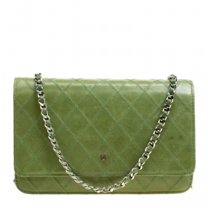 Chanel Green Quilted Leather Wallet On Chain