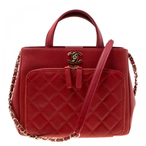 Pre Owned Chanel Red Quilted Leather Small Shopping Bag 