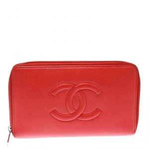 Chanel Coral Red Caviar Leather Large CC Zip Around Wallet