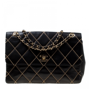 Pre Owned Chanel Black Quilted Leather Wild Stitch Surpique Flap Bag