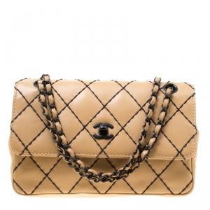 مملوكة مسبقًا Chanel Beige Quilted Leather Wild Stitch Surpique Flap Bag