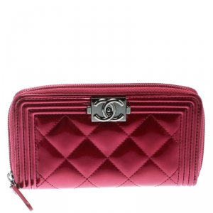 Chanel Pink Patent Leather Boy Zip Around Wallet