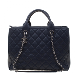 Pre Owned Chanel Navy Blue Quilted Caviar Leather Top Handle Bag