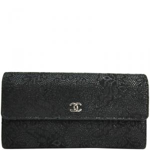 Chanel Black Textured Suede Long Wallet