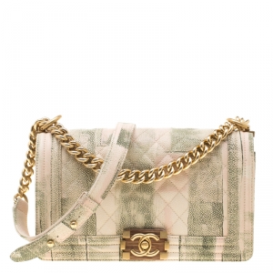 مملوكة مسبقًا Chanel Beige/Green Quilted Watercolor Print Caviar Leather Medium Boy Flap Bag