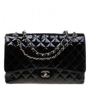 Pre Owned Chanel Black Quilted Patent Leather Maxi Classic Single Flap Bag