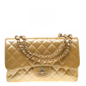 Pre Owned Chanel Gold Quilted Patent Leather Jumbo Classic Single Flap Bag