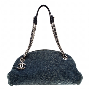 Pre Owned Chanel Blue Camellia Embroidered Denim Just Mademoiselle Bowling Bag