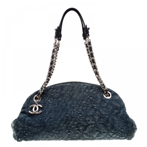 Chanel Blue Camellia Embroidered Denim Just Mademoiselle Bowling Bag