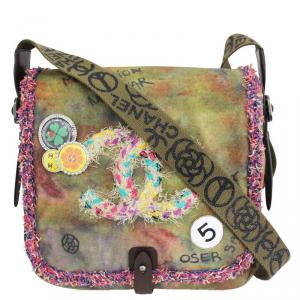 Pre Owned Chanel Multicolor Khaki Canvas Peace & Love' Shoulder Bag