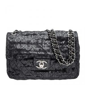 مملوكة مسبقًا Chanel Black Sequins Mesh Jumbo Classic Flap Bag