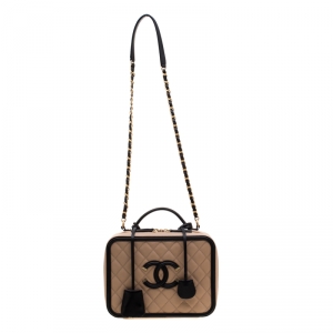 Pre Owned Chanel Pale Orange/Black Quilted Leather CC Filigree Vanity Case Shoulder Bag