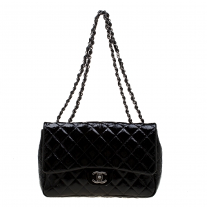 Pre Owned Chanel Black Quilted Patent Leather Jumbo Classic Single Flap Bag