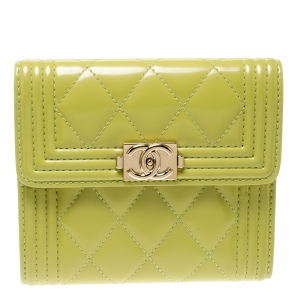 Chanel Yellow Green Quilted Patent Leather Boy Compact Wallet