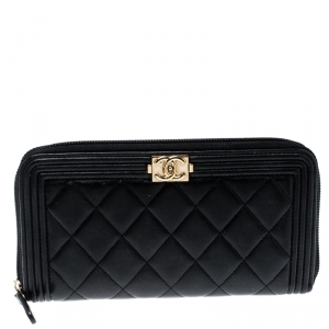 Chanel Black Quilted Leather Boy Zip Around Wallet