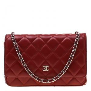Chanel Red Quilted Leather Wallet On Chain