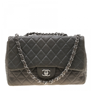 Pre Owned Chanel Grey Quilted Leather Jumbo Classic Single Flap Bag