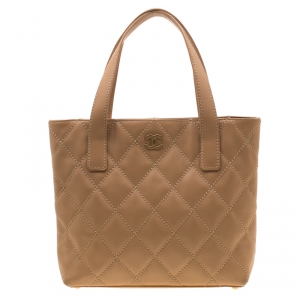 Pre Owned Chanel Light Brown Quilted Leather Wild Stitch Tote
