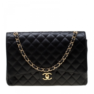Pre Owned Chanel Black Quilted Leather Maxi Classic Double Flap Bag