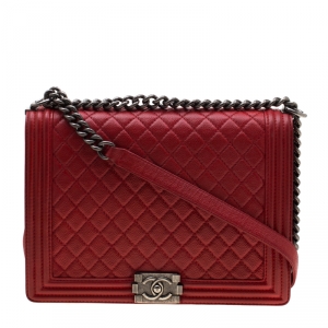 Pre Owned Chanel Red Quilted Leather Large Boy Flap Bag