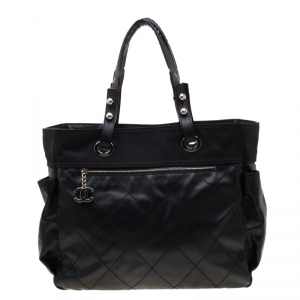 Pre Owned حقيبة شانيل باريس بياريتز كانفاس نمط مبطن مبطن أسود كبيرة