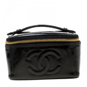 Pre Owned Chanel Black Patent Leather Vintage Vanity Cosmetic Bag