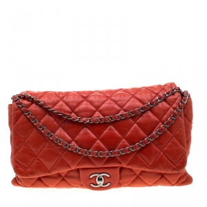 مملوكة مسبقًا Chanel Orange Quilted Lambskin Leather Maxi 3 Accordion Flap Bag