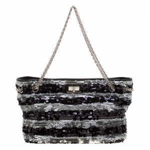 Pre Owned Chanel Black/Silver Stripe Sequins Reissue Shoulder Bag