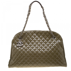 Pre Owned Chanel Olive Green Quilted Patent Leather Large Just Mademoiselle Bowling Bag