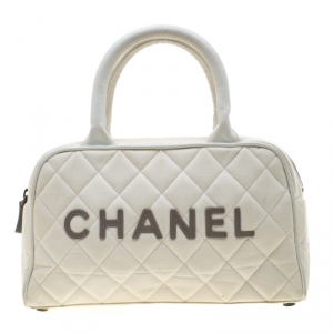 Chanel White Quilted Canvas and Leather CC Boston Bag