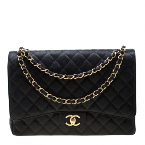 Pre Owned حقيبة شانيل ماكسي كلاسيك جلد أسود مبطن بقلاب مزدوج