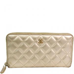 Chanel Gold Lambskin Leather Matelasse Zip Around Long Wallet