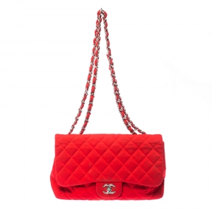 Pre Owned Chanel Red Quilted Fabric Jumbo Classic Single Flap Bag