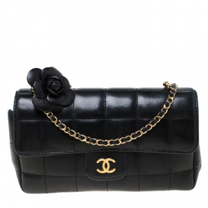 Pre Owned Chanel Black Chocolate Bar Leather Camellia Mini Flap Bag