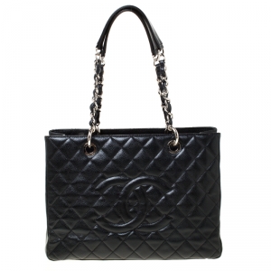 Pre Owned Chanel Black Quilted Caviar Leather Grand Shopper Tote