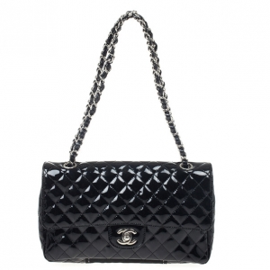 Pre Owned Chanel Black Patent Quilted Secret Label Medium Flap Bag