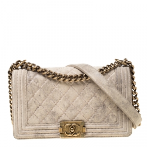 Pre Owned Chanel Beige Quilted Distressed Suede Medium Boy Flap Bag                 