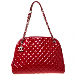 Pre Owned Chanel Red Quilted Patent Leather Medium Just Mademoiselle Bowler Bag