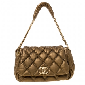 Pre Owned Chanel Gold Leather Bubble Quilt Flap Shoulder Bag
